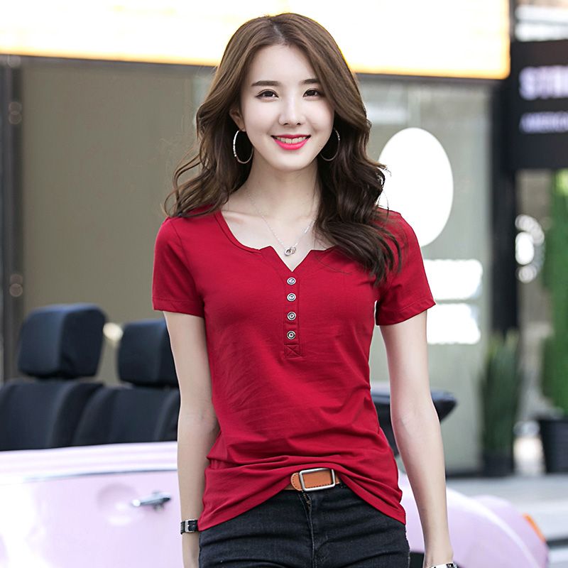 2019 summer new Korean style fashion all-match V-neck slim short-sleeved t-shirt women's solid color half-sleeve T-shirt pure cotton top