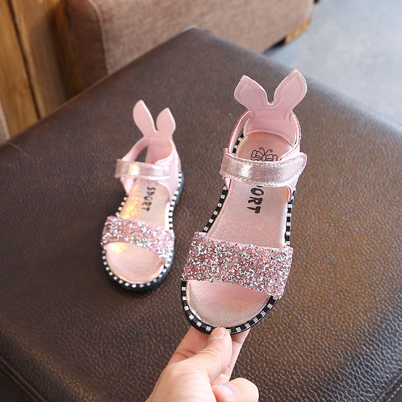 2020新款夏季韩版1-12岁儿童时尚公主鞋兔耳朵亮片魔术贴女童凉鞋