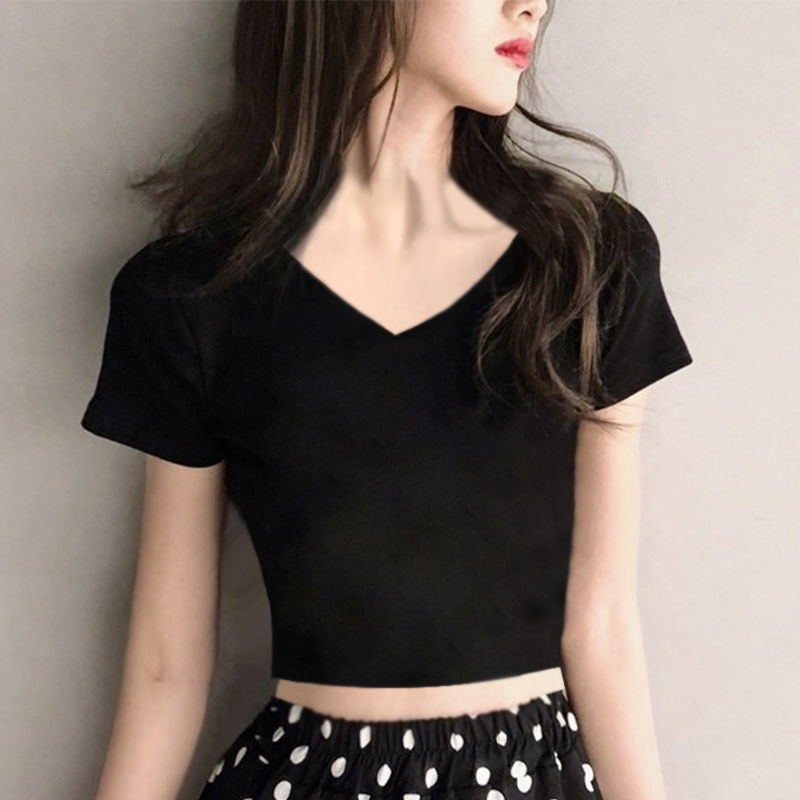 Summer slim backless short t-shirt girls exposed belly button short-sleeved black high waist double V-neck tight-fitting sweetheart collar top