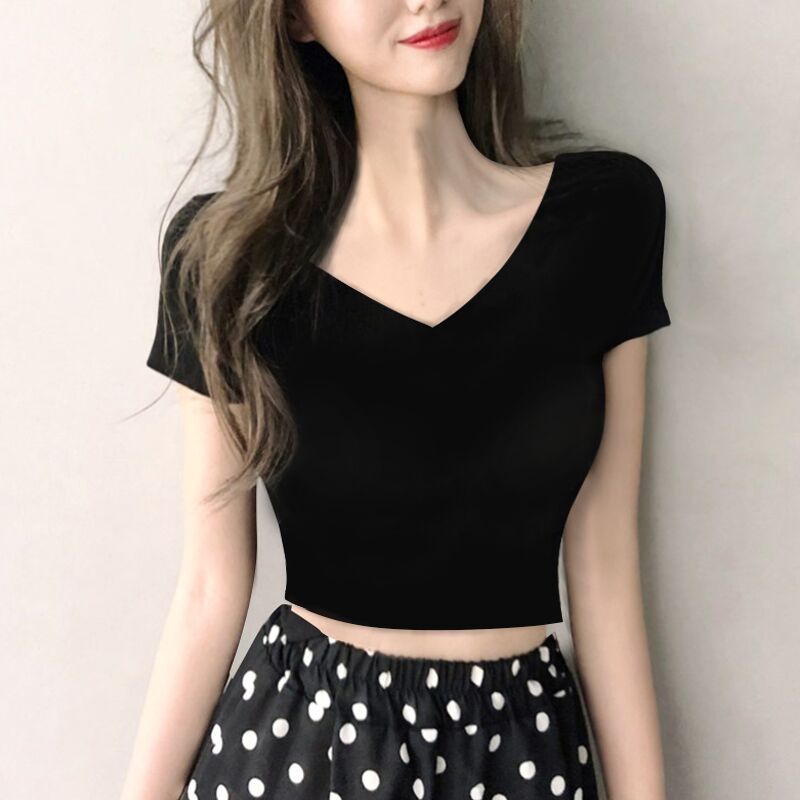 Summer slim backless short t-shirt girls exposed belly button short-sleeved black high waist double V-neck tight-fitting sweetheart collar top