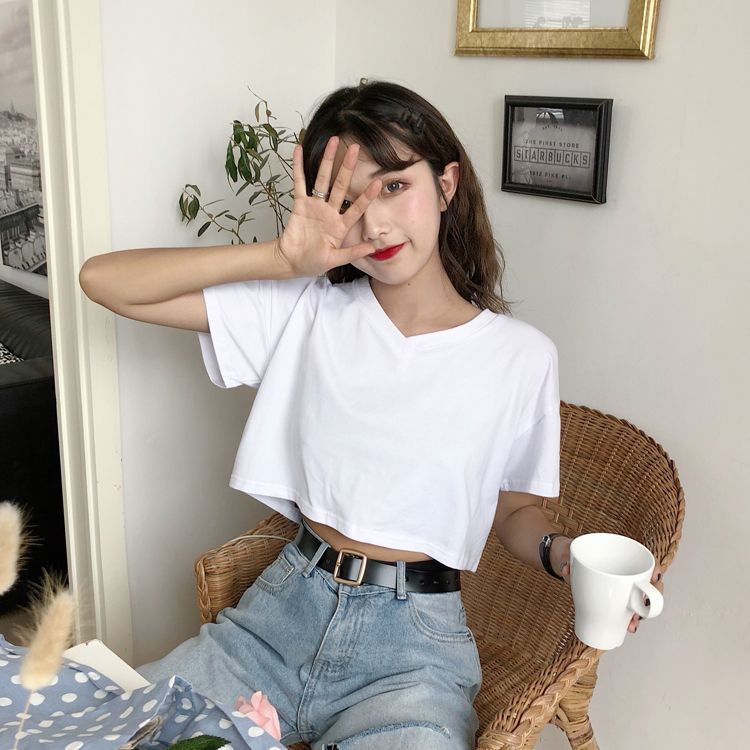 Women's Korean solid color versatile loose V-neck short style careful machine exposed navel short sleeve T-shirt shows thin student top female trend