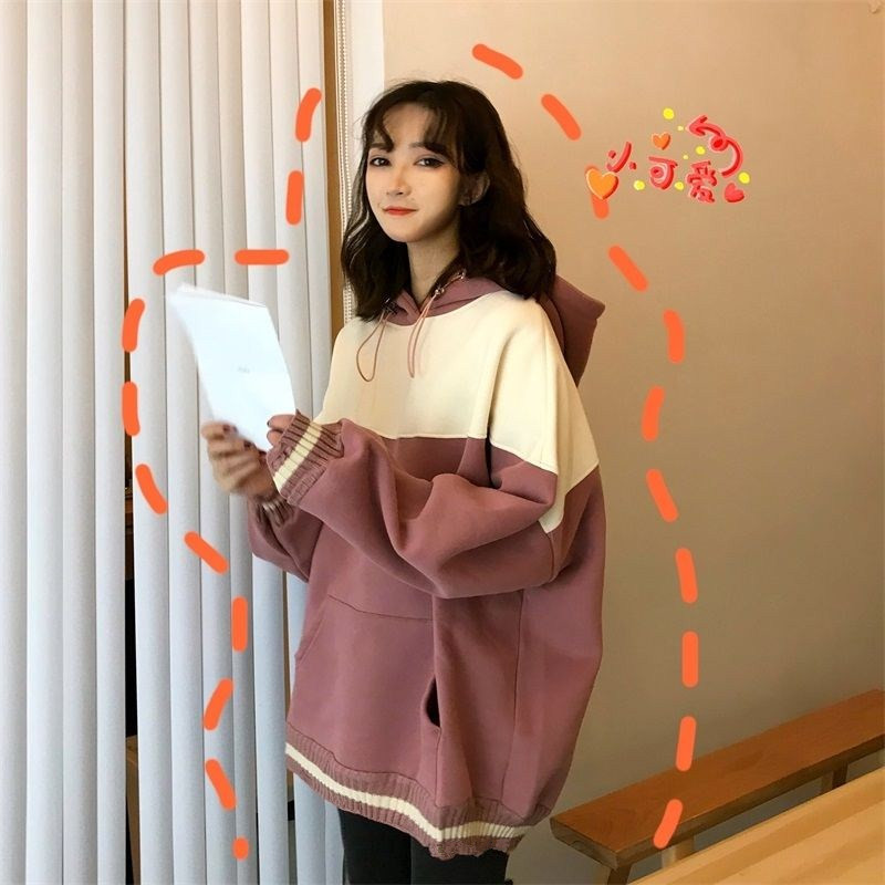 Spring and autumn winter Korean loose and slim casual Pullover color matching hooded long sleeve sweater girl student coat Plush thickening