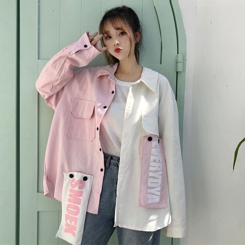 Jacket Women's spring and autumn Korean loose student color matching casual splicing personalized jacket letter printed Baseball Jacket