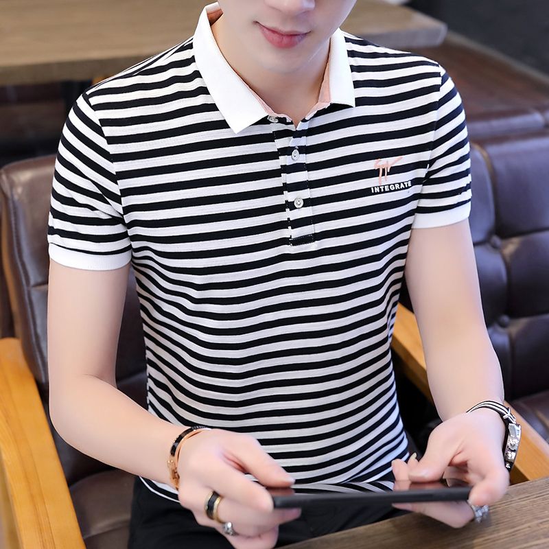 Buy Summer men's striped short-sleeved T-shirt Korean version slimped ...