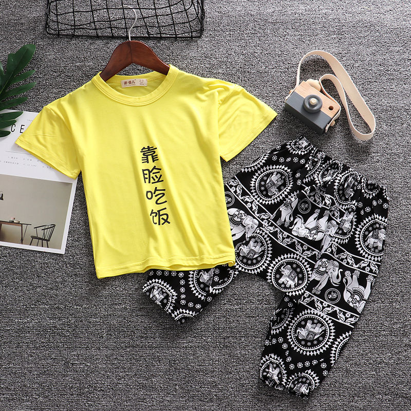 韩版个性潮宝宝短袖套装纯棉垮裤婴儿童衣服夏季装男女童短裤T恤