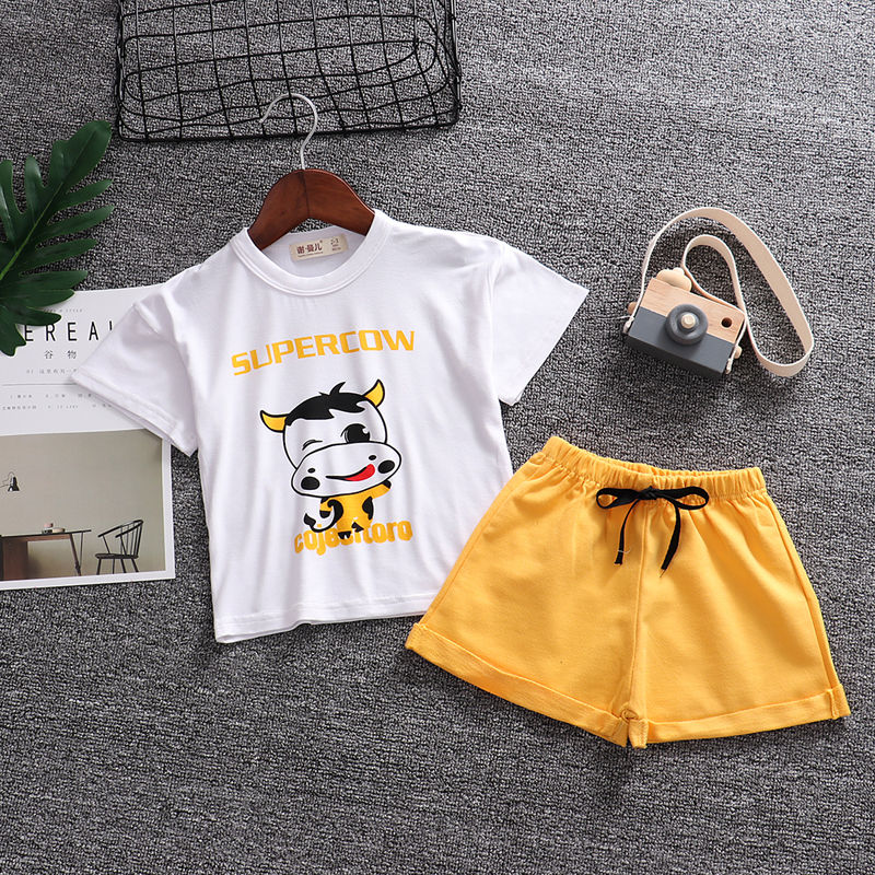 韩版个性潮宝宝短袖套装纯棉垮裤婴儿童衣服夏季装男女童短裤T恤