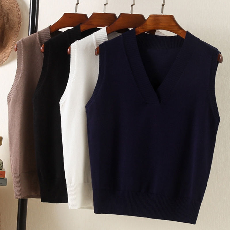 European New Korean style sleeveless knitted V-neck vest Short Shoulder crew neck vest sweater spring and autumn women