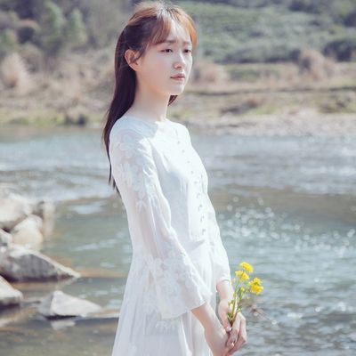 123379/蜜搭原创仙美白裙子 复古飘逸雪纺裙 花朵刺绣 长款文艺连衣裙女