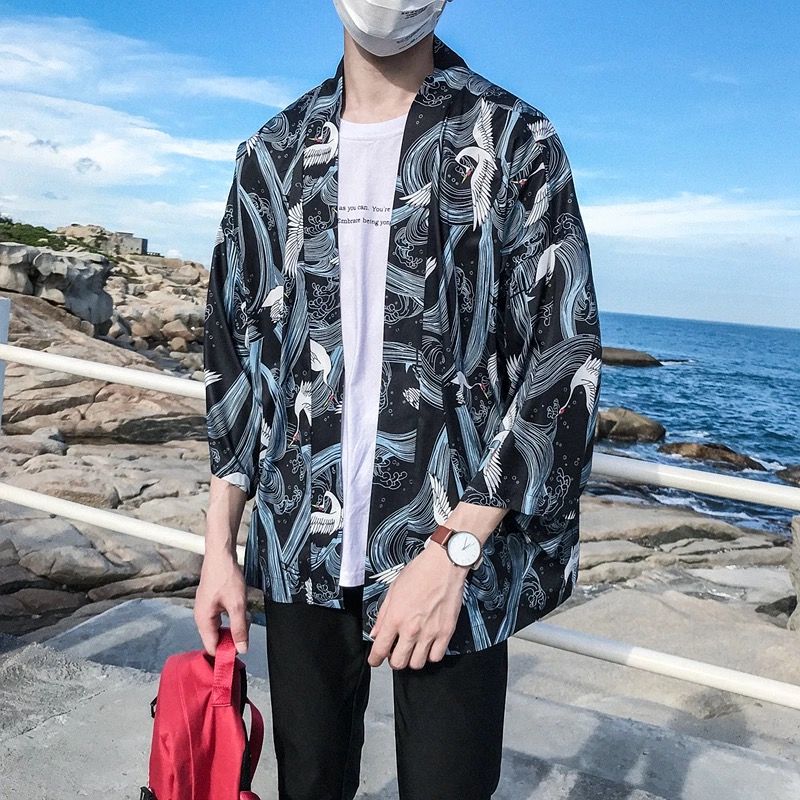 Ins super fire cartoon jacket men's 7-sleeve Tang kimono harasufeng loose thin half sleeve shirt Daopao