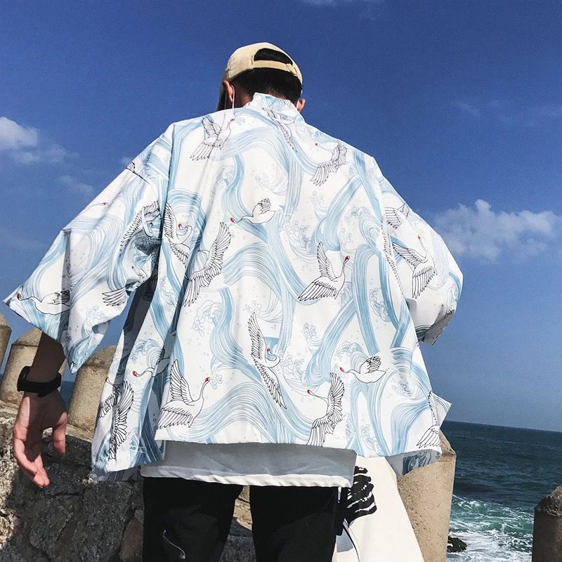 Ins super fire cartoon jacket men's 7-sleeve Tang kimono harasufeng loose thin half sleeve shirt Daopao
