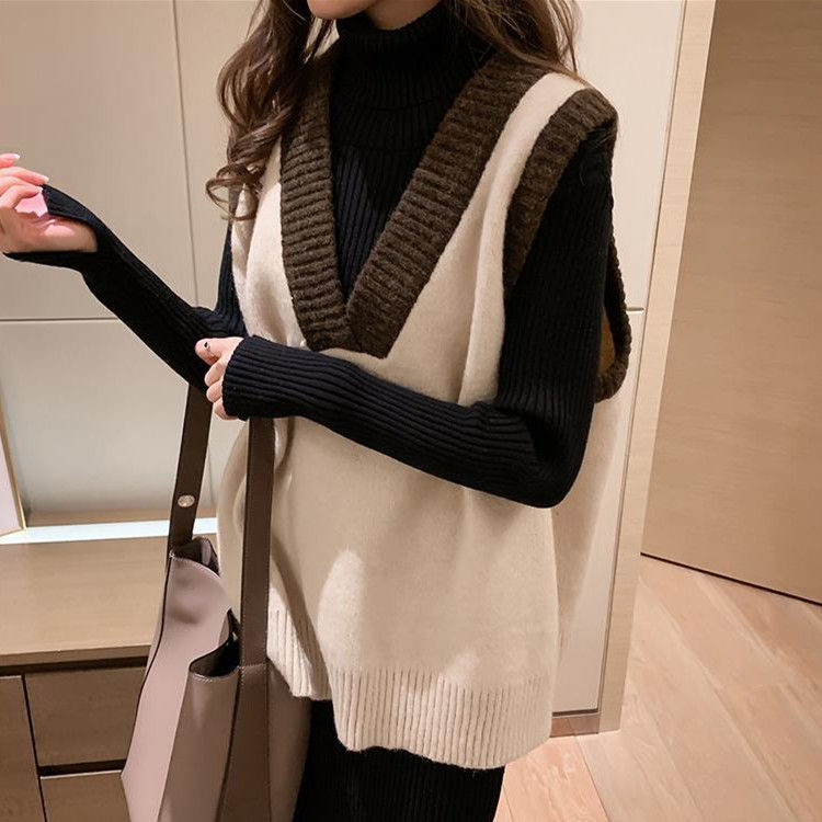 New winter style retro Hong Kong color matching V-neck Pullover Sweater waistcoat women's loose sleeveless vest top fashion