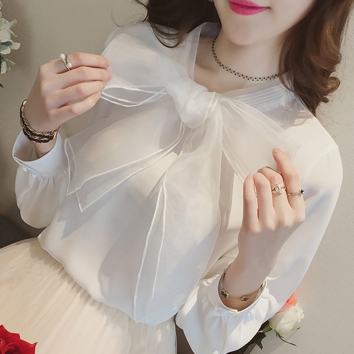 2020 new style women's spring and autumn sweet bow Organza chiffon shirt women's Korean shirt long sleeve bottom coat