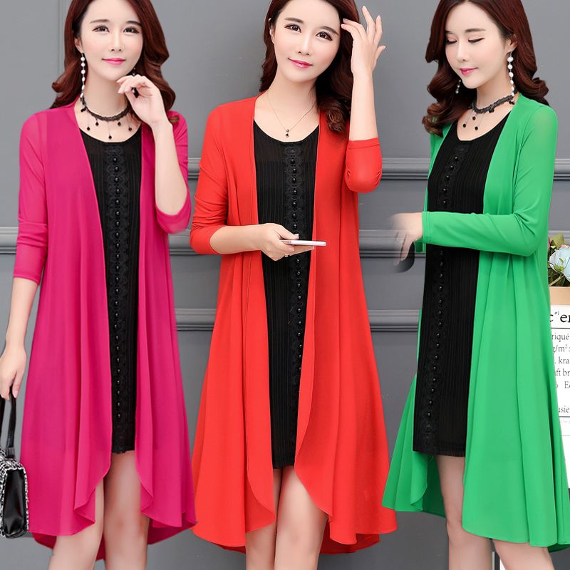 All-match middle-aged women's shawl mid-length loose large-size cardigan mother's summer thin air-conditioned shirt sunscreen outer drape