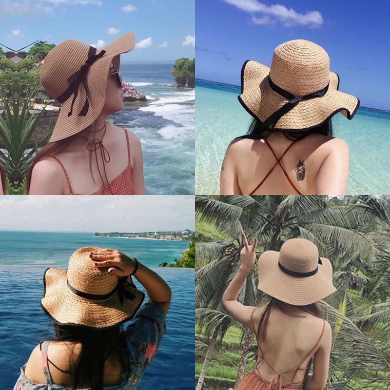 沙滩帽子女夏韩版时尚海边防晒太阳帽防紫外线遮阳大沿可折叠草帽