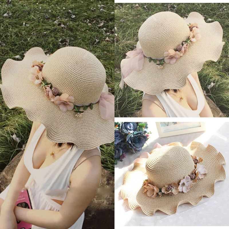 沙滩帽子女夏韩版时尚海边防晒太阳帽防紫外线遮阳大沿可折叠草帽