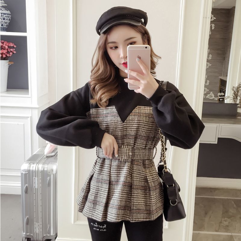 Sweater women Plush thickened winter Korean fashion students ins fake two piece set loose Pullover patchwork Plaid top