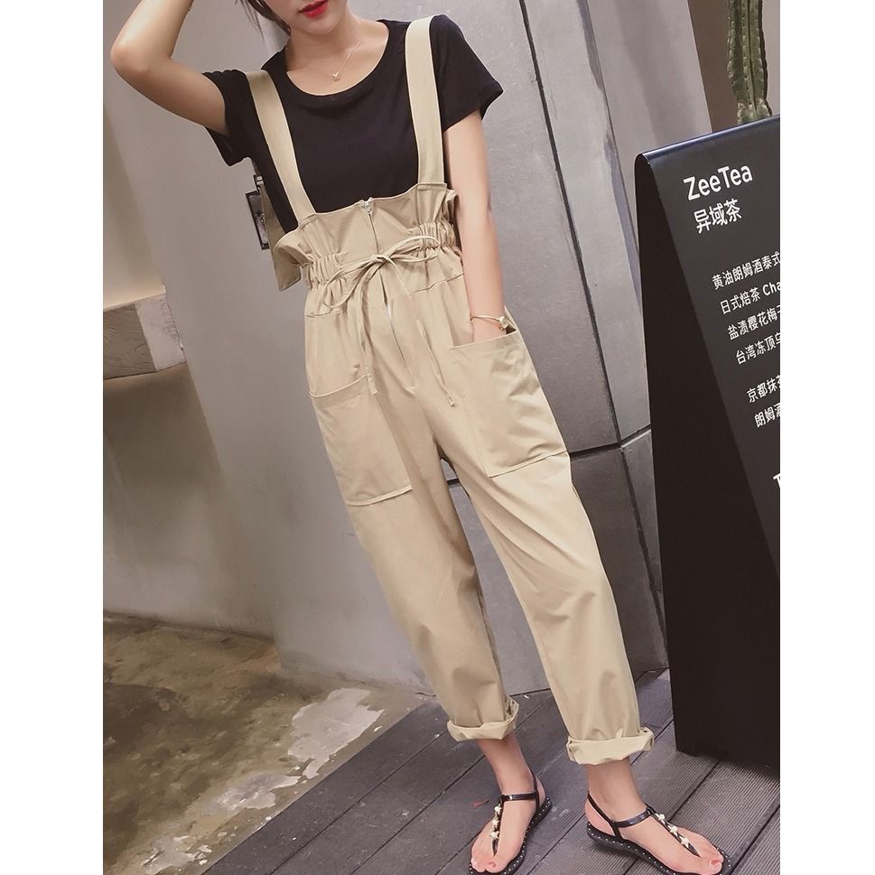 Hong Kong style retro chic work suit suspenders female students Korean casual one-piece pants wide leg pants suspenders fashion
