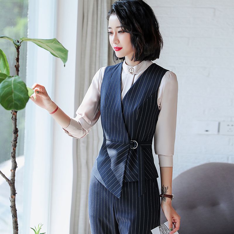 馬甲套裝女2023新款百搭休閒條紋職業裝幹練西裝背心工裝坎肩馬夾
