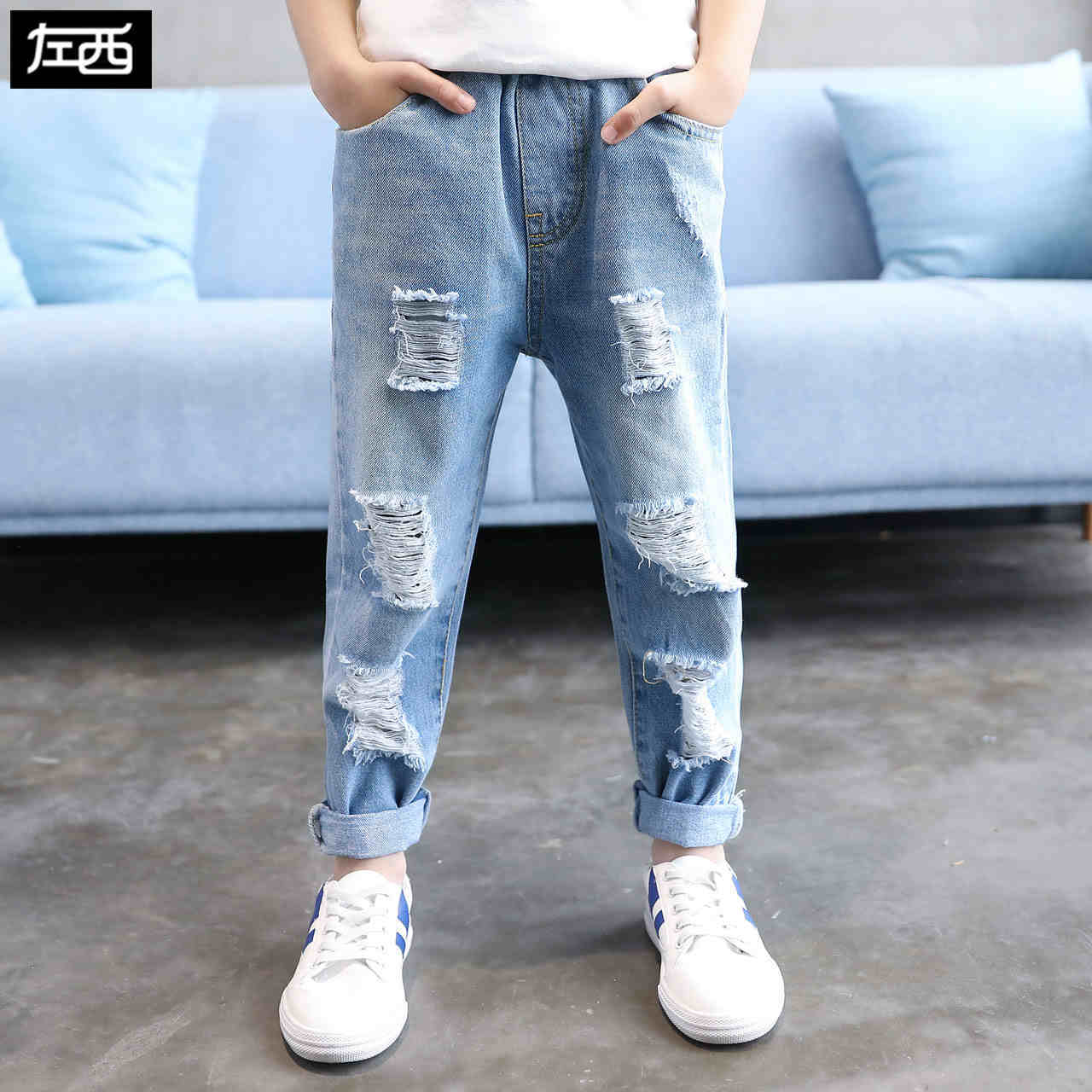 Boys' perforated JEANS New Korean fashion long pants spring and summer children's wear thin Capris