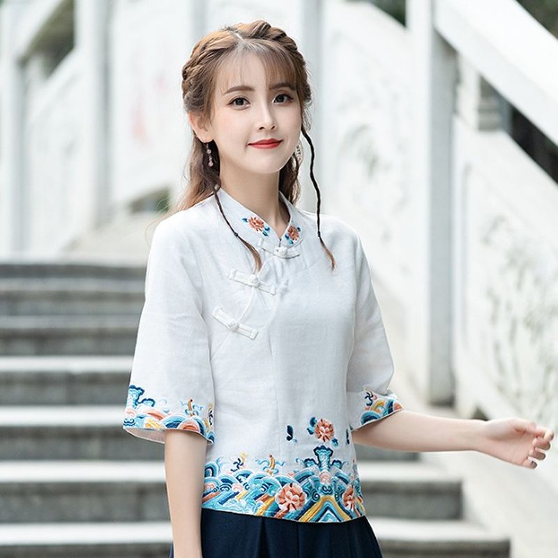 民族风棉麻上衣女春夏女装新款立领五分袖绣花t恤大码宽松打底衫