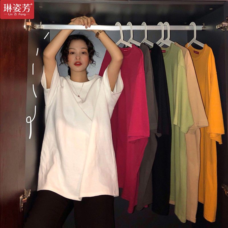 Cotton early spring 2020 new Korean loose versatile solid color T-Shirt Top Casual medium length short sleeve T-shirt for women summer