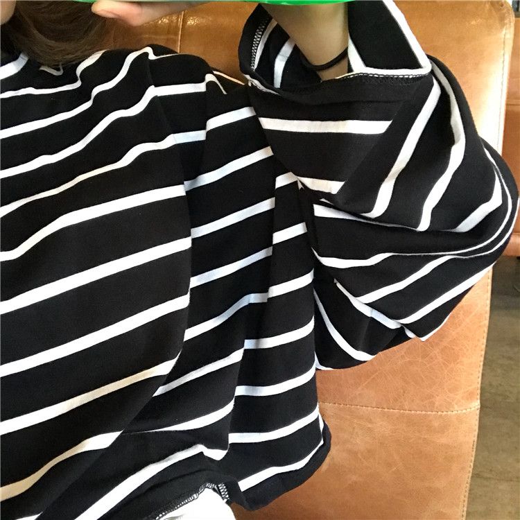 Summer version of Harajuku wind stripe loose long sleeve T-shirt for female students