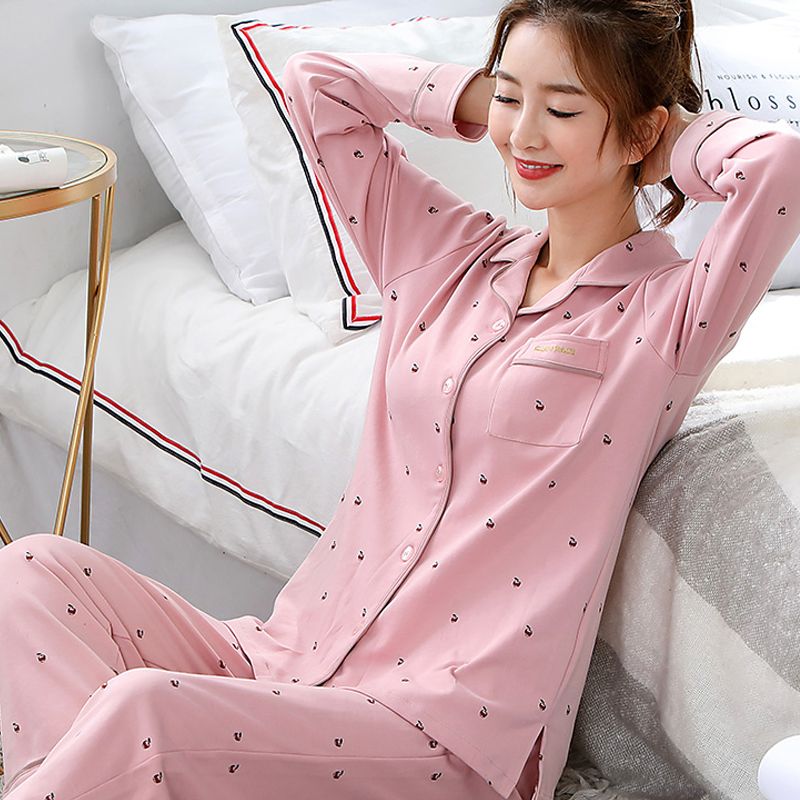 100% double-sided cotton pajamas women's long-sleeved spring and autumn Korean style women's large size autumn and winter home service two-piece suit
