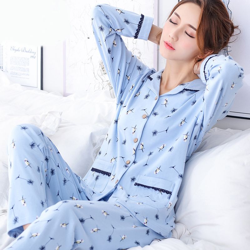 100% double-sided cotton pajamas women's long-sleeved spring and autumn Korean style women's large size autumn and winter home service two-piece suit