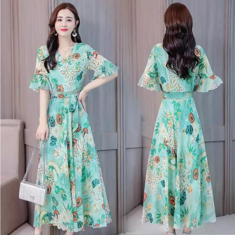 Long skirt summer floral temperament new Korean slim and irregular medium long dress fashion print dress woman