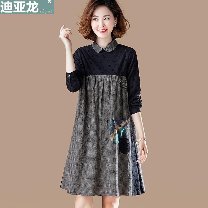 Spring new large women's dress 200kg spring loose baby collar stitching dress