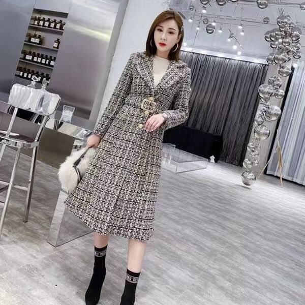 2022 cotton and thickened new popular plaid coat women's mid-length autumn and winter new woolen two-piece suit