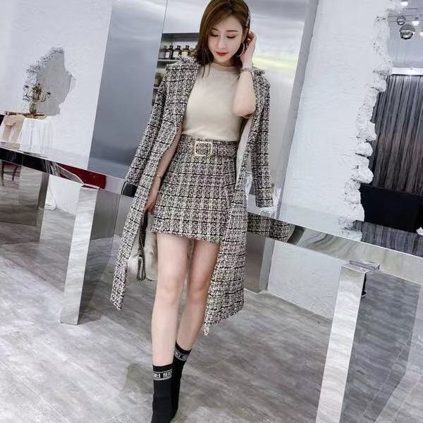 2022 cotton and thickened new popular plaid coat women's mid-length autumn and winter new woolen two-piece suit