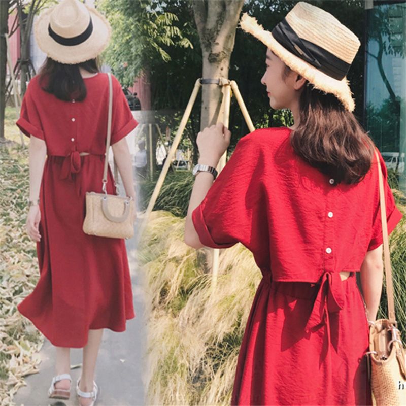 European station 2020 beach skirt women's Retro port flavor wispy air dress seaside holiday dress Thailand red dress