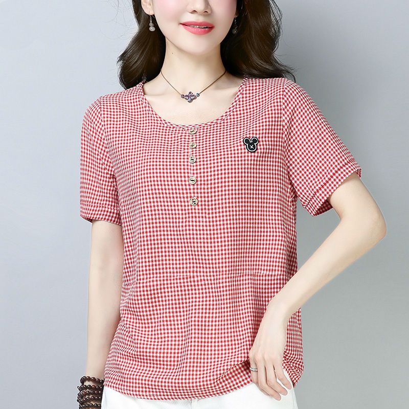 2020 summer new Korean loose large short sleeve T-shirt women's small Plaid bottom top top women's clothing trend