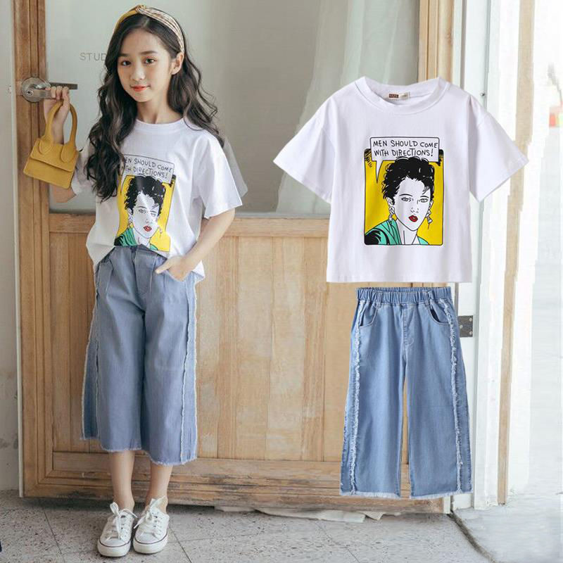 2019 Korean summer new girls' short sleeve suit medium big kids fashion casual jeans Capris two piece set tide