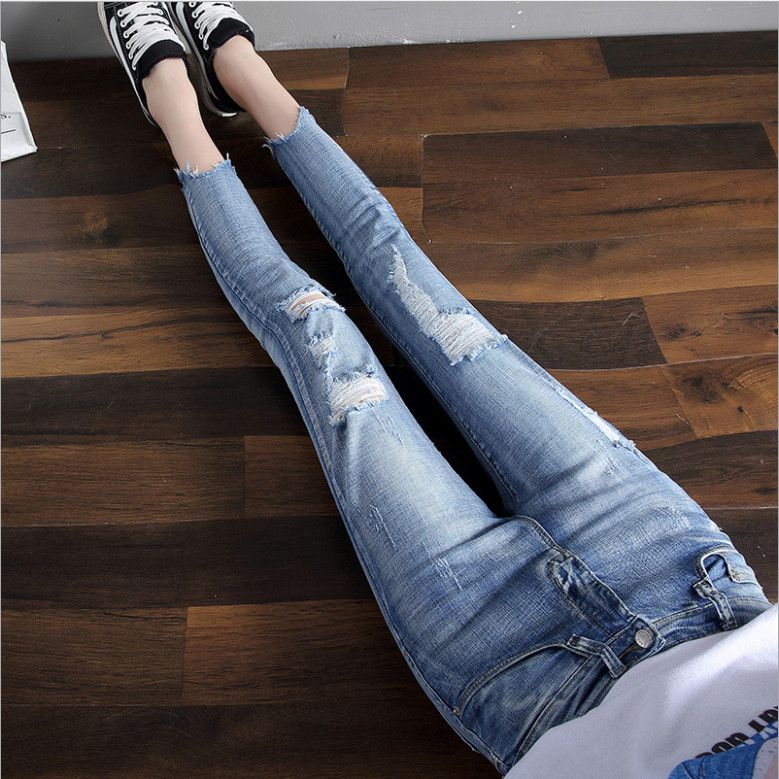 Small Korean perforated seven point Jeans Girls' summer stretch skinny little feet pencil Pants Capris