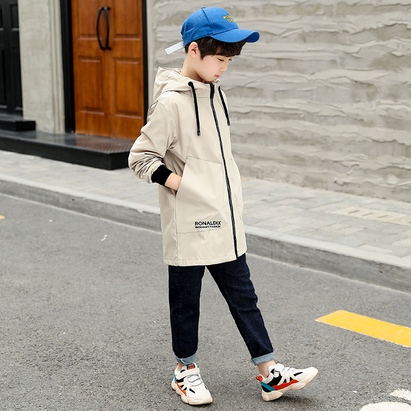Boy's coat new spring and autumn wear hooded middle big children's jacket children's long windbreaker Korean version children's top