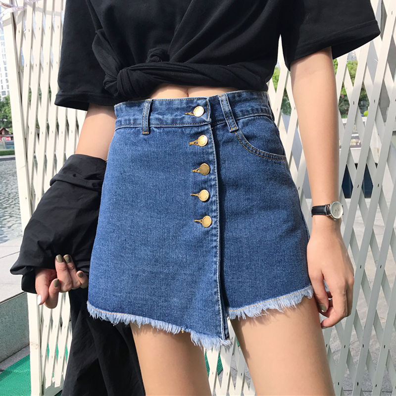 Hole denim shorts female student Korean high waist new Xia Xian thin loose A-line wide leg super hot pants