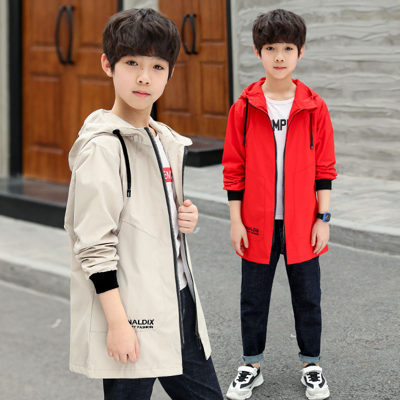 Boy's coat new spring and autumn wear hooded middle big children's jacket children's long windbreaker Korean version children's top