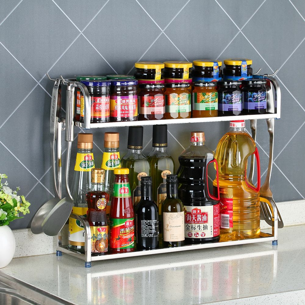 免安装 立式多功能厨房置物架不锈钢壁挂免打孔双层调料瓶收纳架