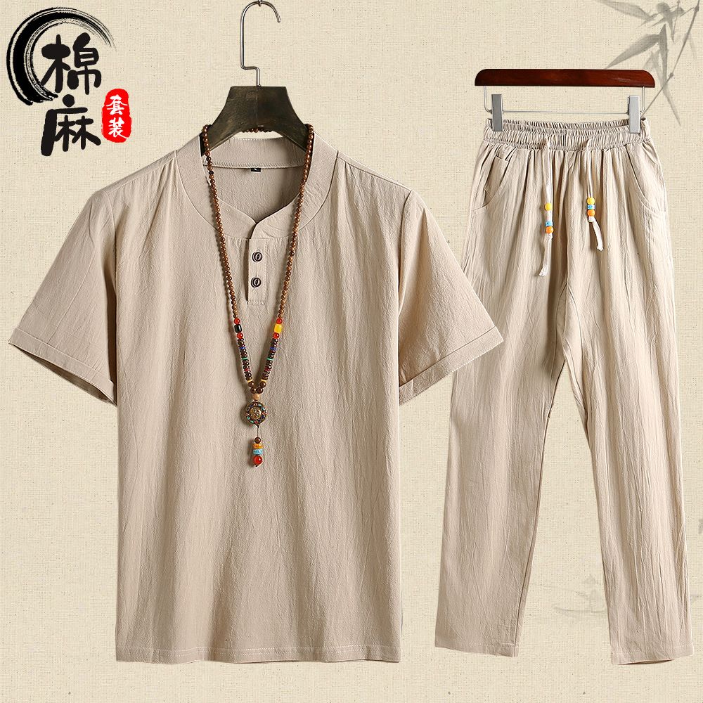 夏季中老年人棉麻套裝男中國風短袖T恤寬鬆爸爸夏裝爺爺亞麻衣服