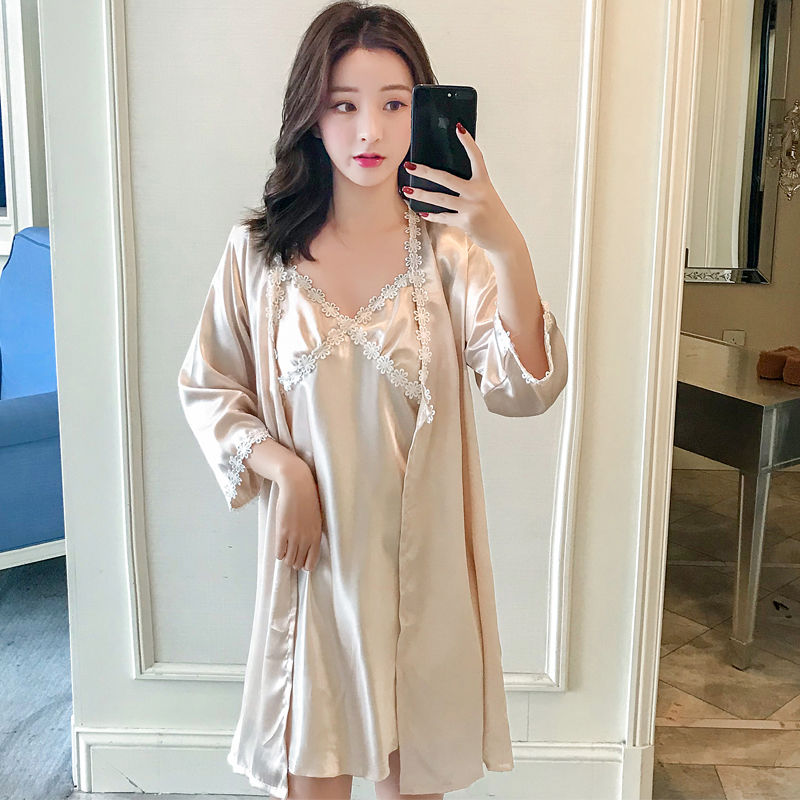 [with chest pad] summer nightgown women's ice silk nightdress sexy suspenders home service Korean pajamas bathrobe two-piece set