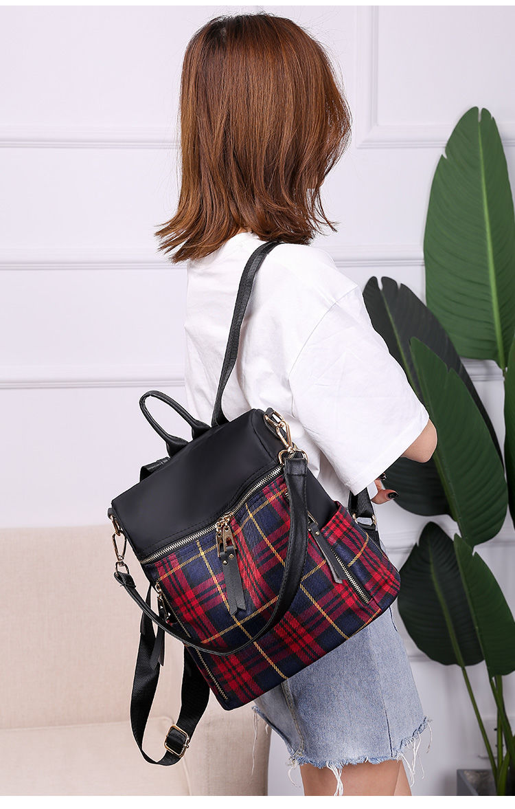 格子双肩包女2020新款韩版时尚帆布大容量书包旅行女士牛津布背包