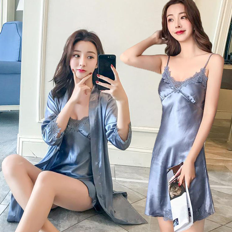 [with chest pad] summer nightgown women's ice silk nightdress sexy suspenders home service Korean pajamas bathrobe two-piece set