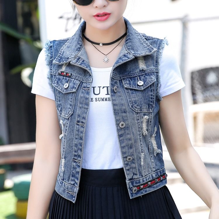 2019春秋季新品短款牛仔马甲女韩版无袖毛边大码马夹百搭背心外套