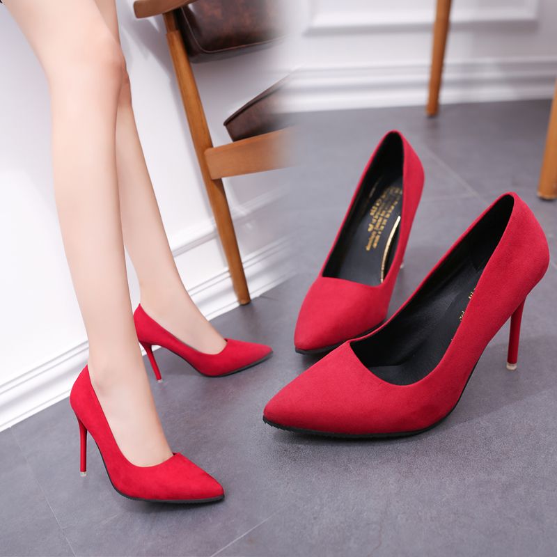 2021 spring and autumn new high heel thin heel pointed shallow mouth women's shoes Korean fashion versatile black 10cm suede single shoes