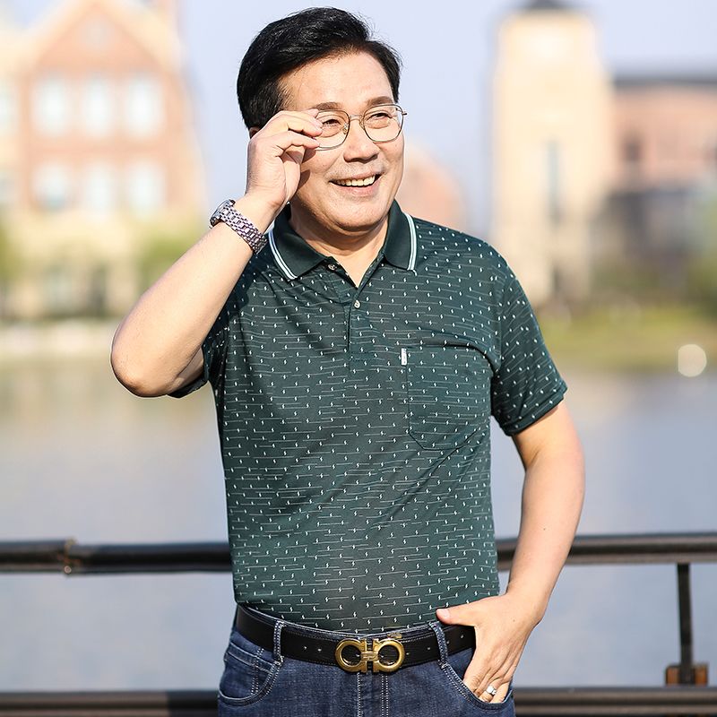 夏季中年男士短袖t恤男翻领宽松大码中老年爸爸装商务休闲短袖男 - 欣