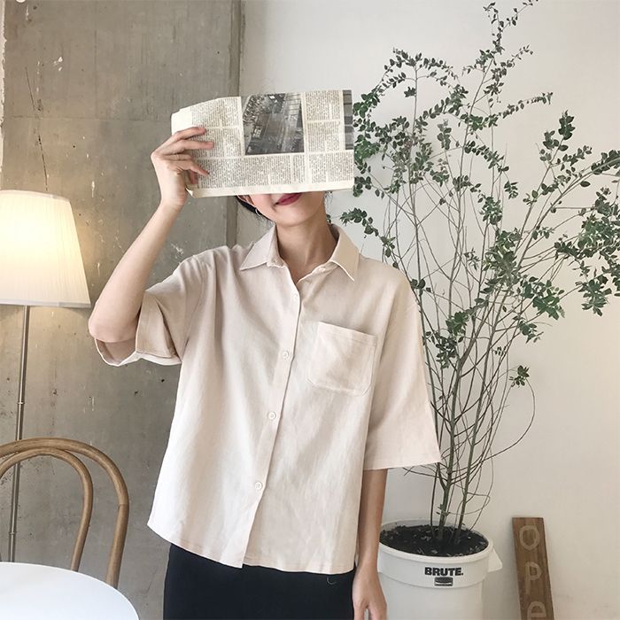 Summer solid color chic short sleeve shirt female student Korean School style loose Quarter Sleeve simple bottom shirt fashion