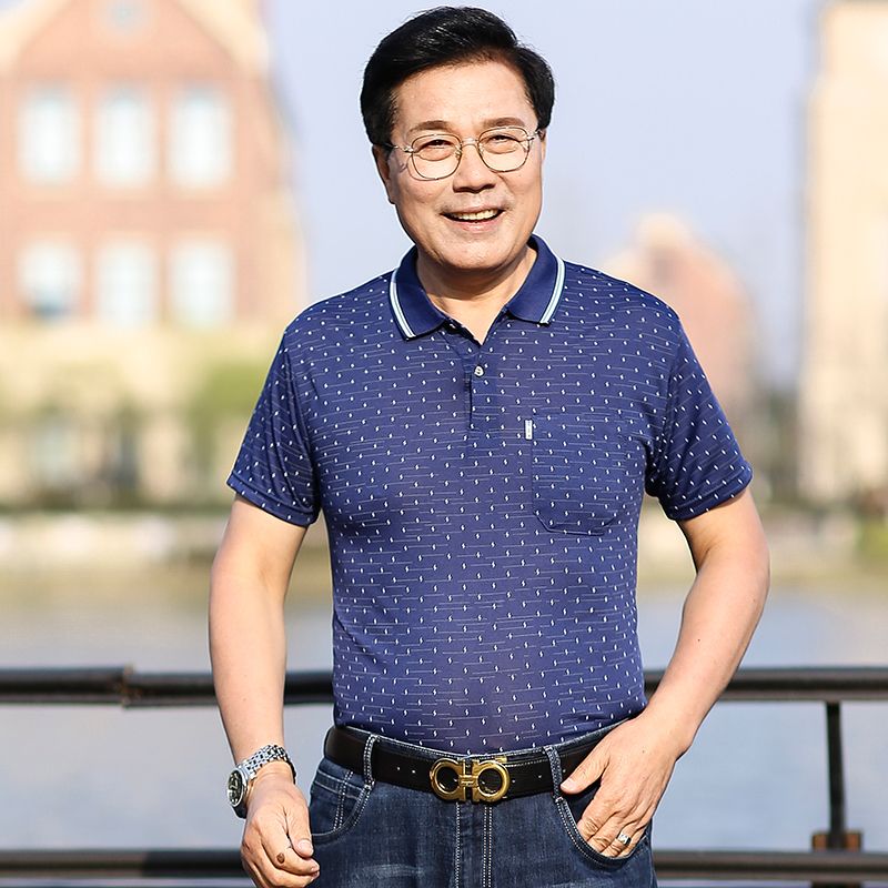 夏季中年男士短袖t恤男翻领宽松大码中老年爸爸装商务休闲短袖男 - 欣