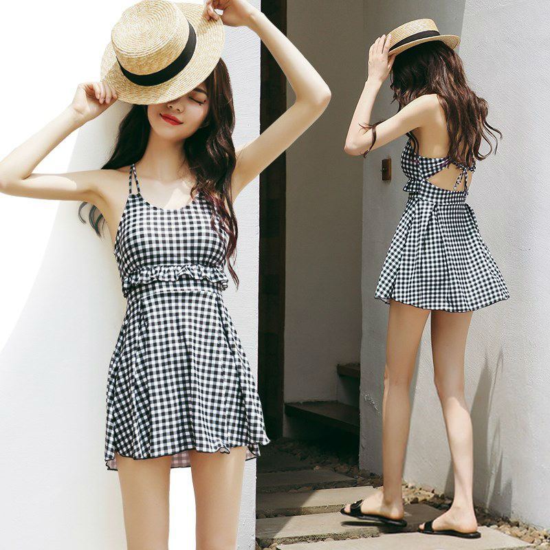 Summer new check sexy small chest gathered show thin swimsuit female conservative Korean student one piece large swimsuit